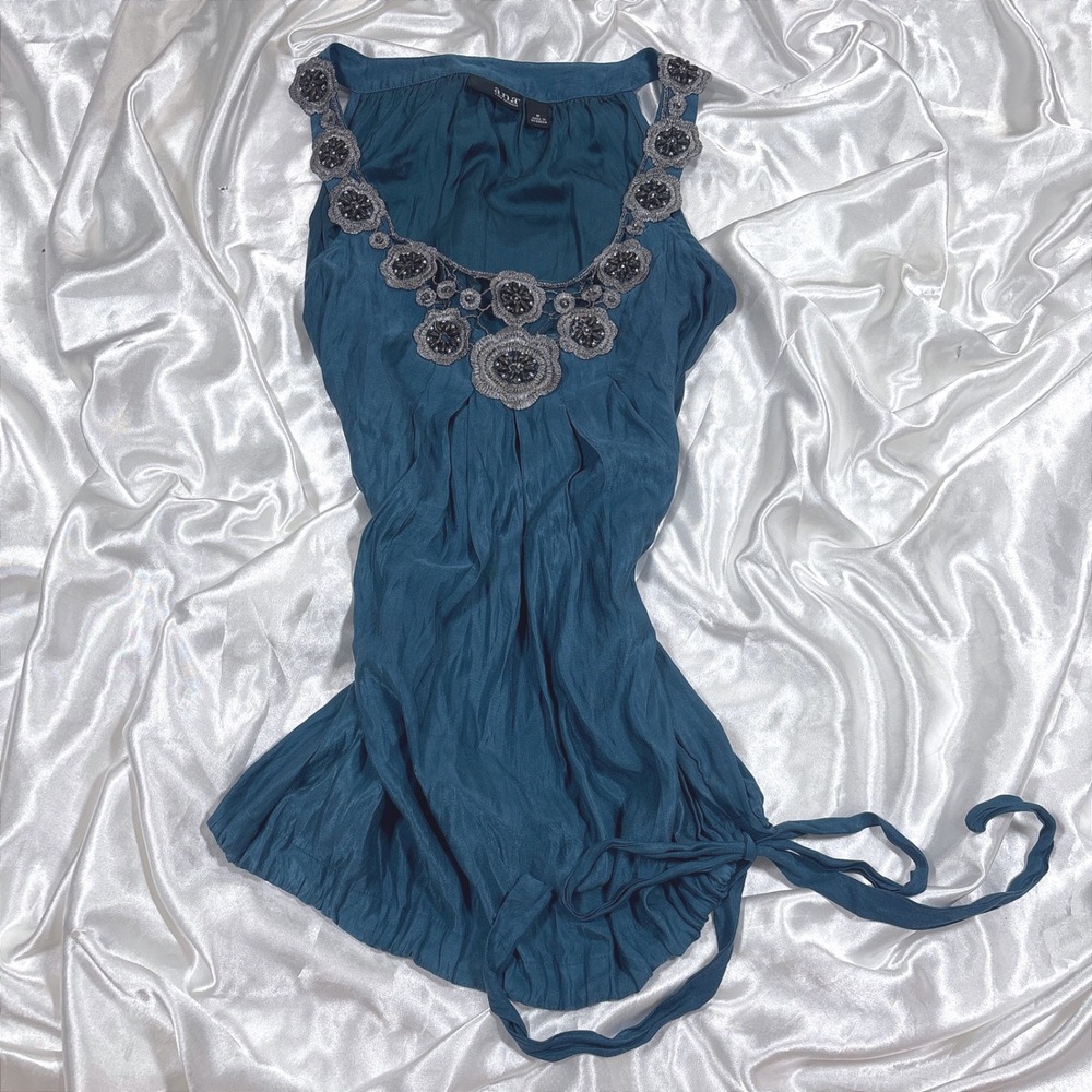 y2k Tank Top Teal Excellent a.n.a Beaded Crochet Neck Side Tie Sleeveless Blouse